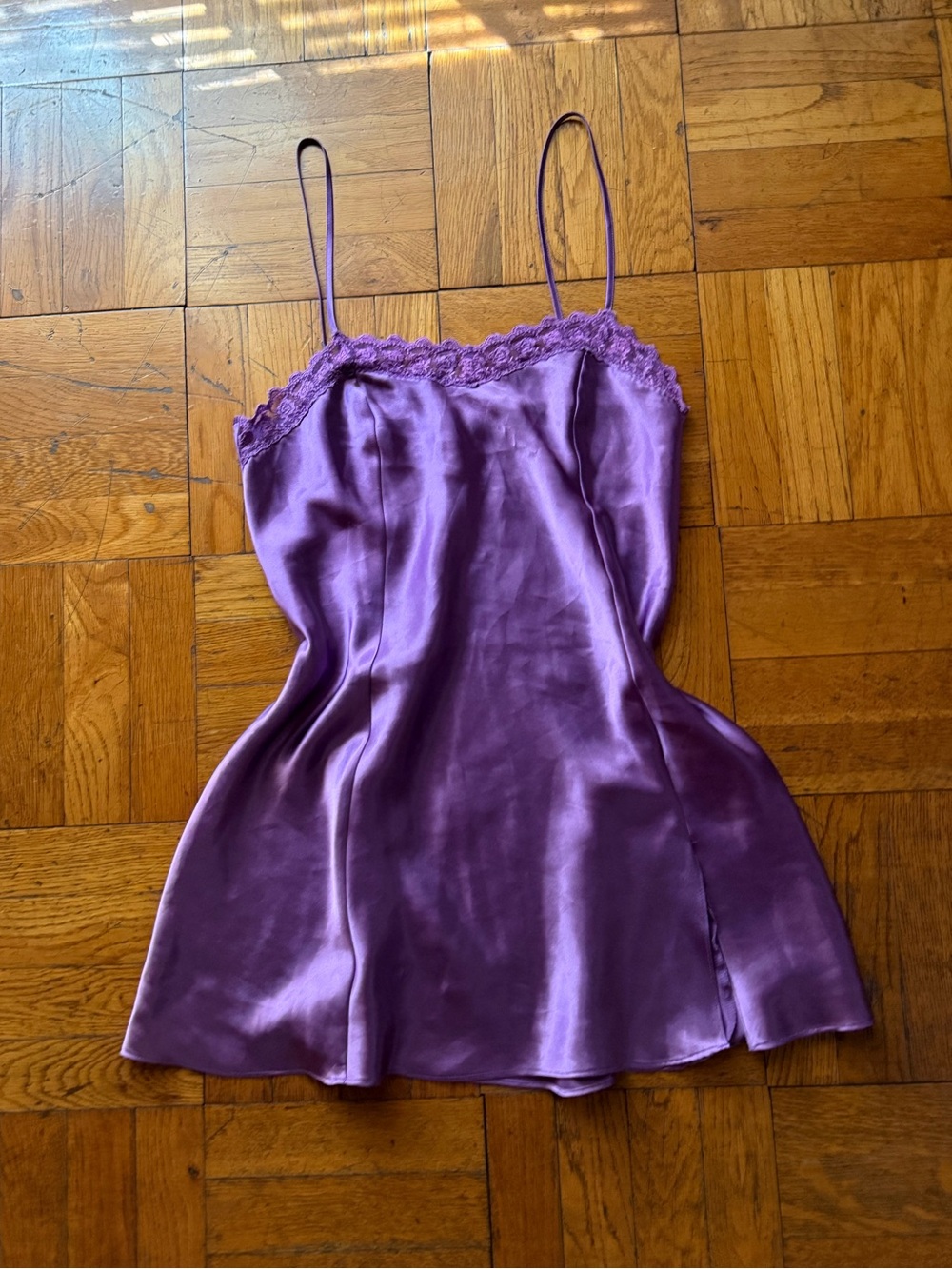 Vintage Purple Satin Slip Dress with lace trim